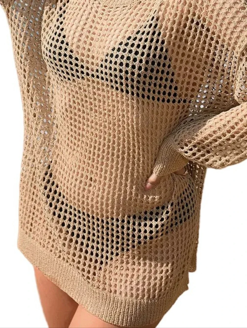 Cutout Back Mesh Crochet Openwork Swimwear Cover-Up Oversized Shirt Mini Dress